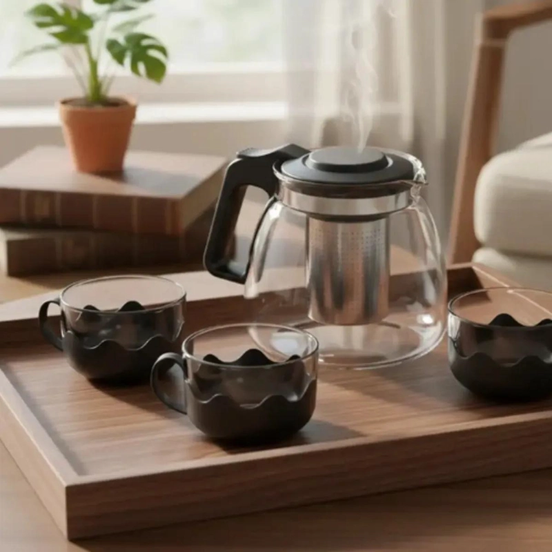 SET DE TETERA DE VIDRIO CON INFUSOR Y CUATRO TAZAS - 2