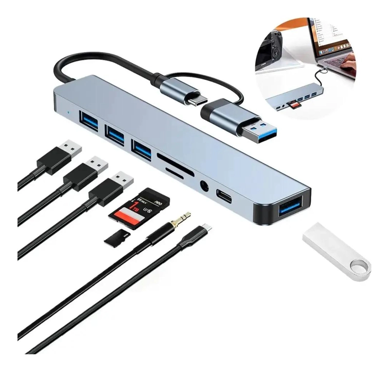 HUB MULTIFUNCIONAL 8 PUERTOS USB Y TIPO C CON LECTOR - 1