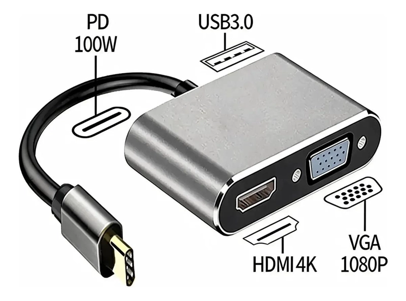 HUB USB TIPO C 4 EN 1 CON HDMI 4K Y VGA - 1
