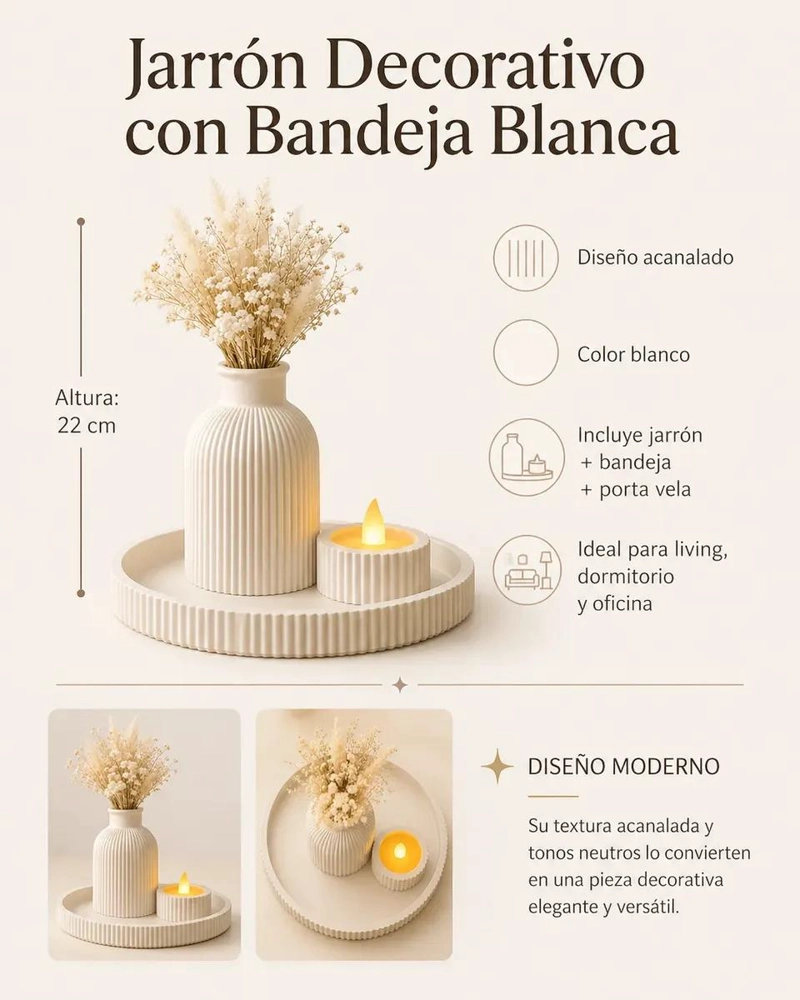 SET DECORATIVO CON FLORERO, PORTAVELAS Y BANDEJA ELEGANTE - 2
