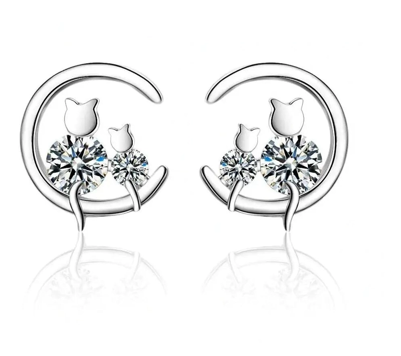 AROS ELEGANTES DE LUNA CON GATITOS EN PLATA 925 - 1