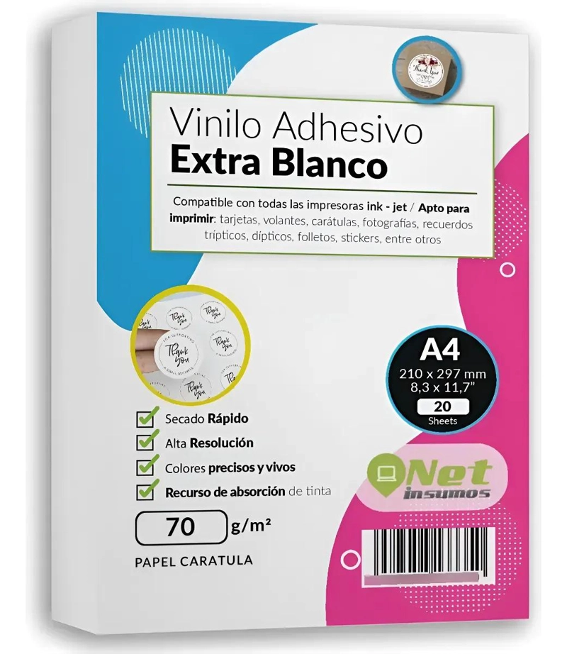 VINILO ADHESIVO IMPRIMIBLE A4 EXTRA BLANCO 20 HOJAS - 1