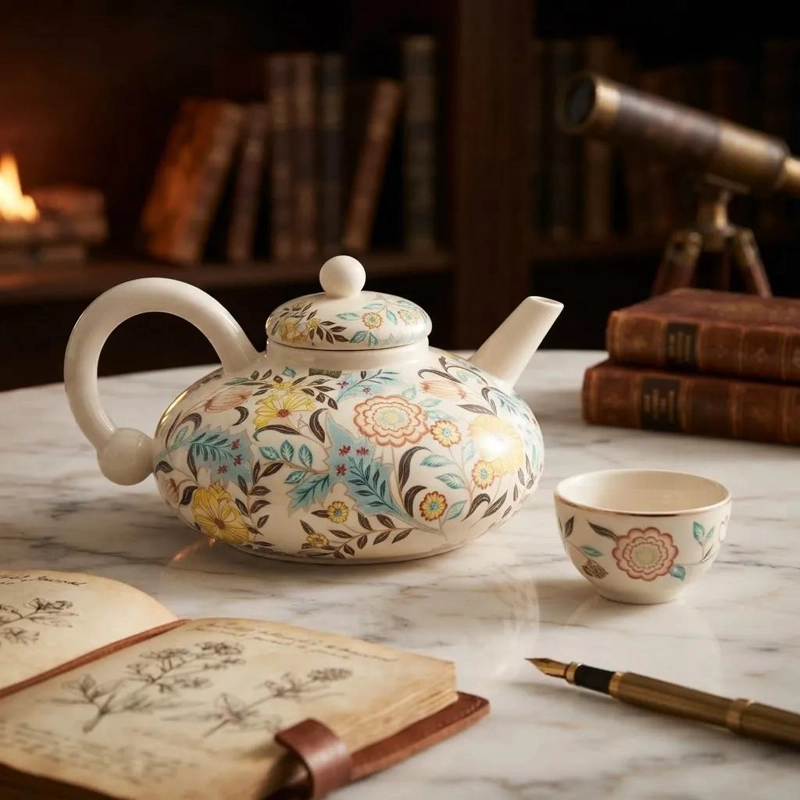 TETERA DE CERAMICA CON DISEÑO FLORAL VINTAGE ELEGANTE - 1