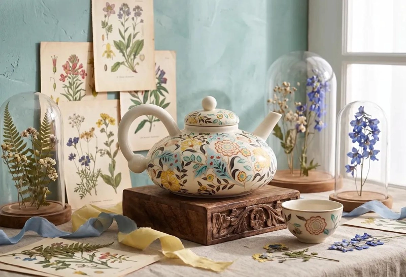 TETERA DE CERAMICA CON DISEÑO FLORAL VINTAGE ELEGANTE - 2