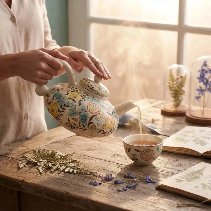 TETERA DE CERAMICA CON DISEÑO FLORAL VINTAGE ELEGANTE - 3