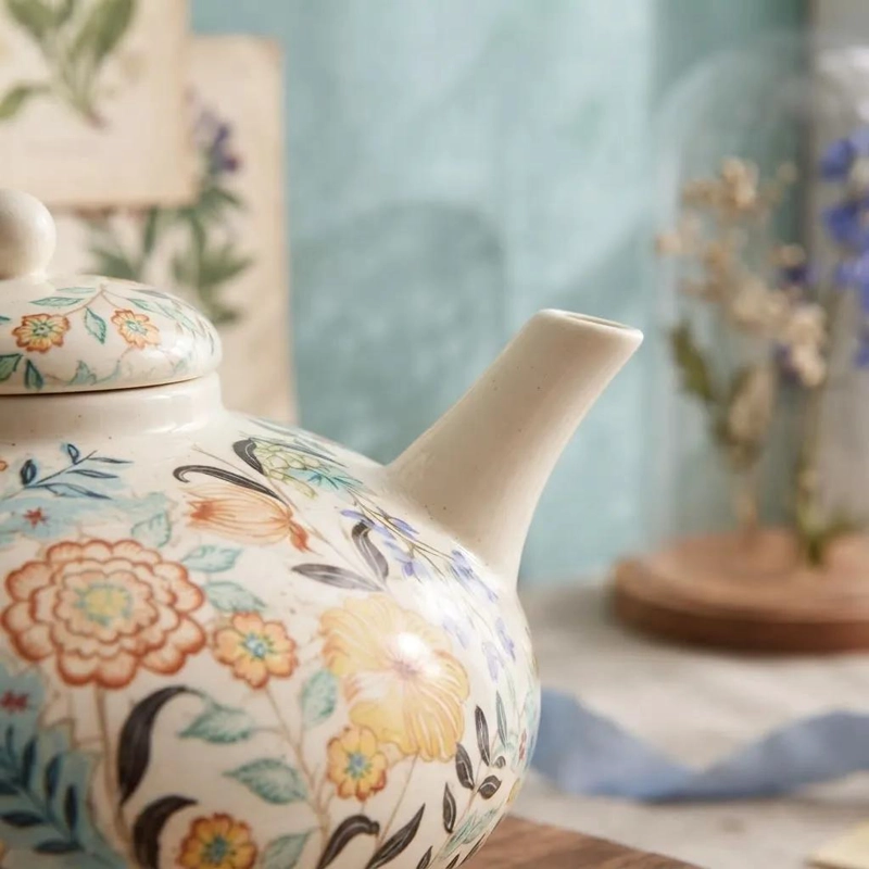 TETERA DE CERAMICA CON DISEÑO FLORAL VINTAGE ELEGANTE - 4
