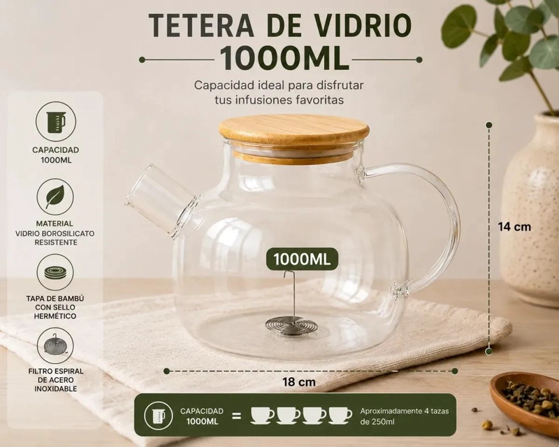 TETERA DE VIDRIO 1000ML CON FILTRO ESPIRAL PARA INFUSIONES - 2