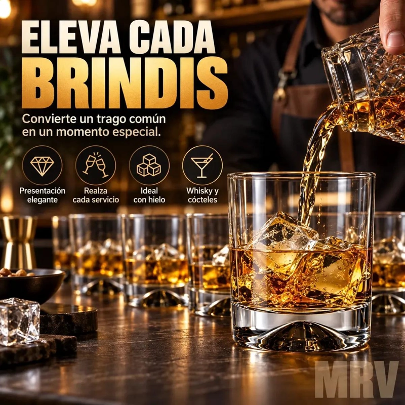 SET DE 6 VASOS BAJOS DE VIDRIO PARA WHISKY Y COCTELES 340 CC - 5