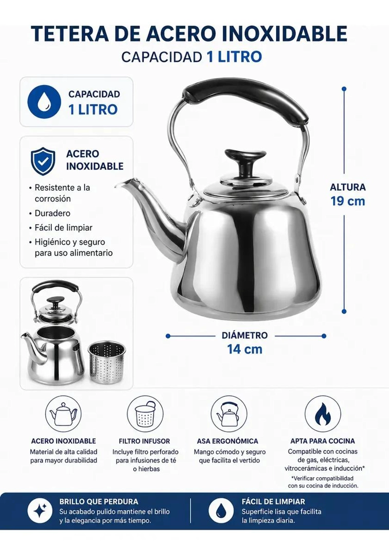 TETERA DE ACERO INOXIDABLE CON FILTRO INFUSOR 1 LITRO - 10