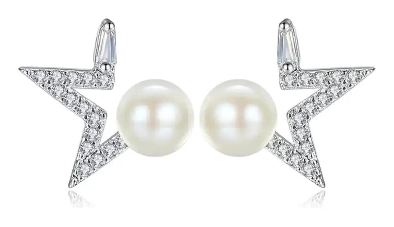AROS ELEGANTES DE ESTRELLA CON PERLA BLANCA EN PLATA - 1