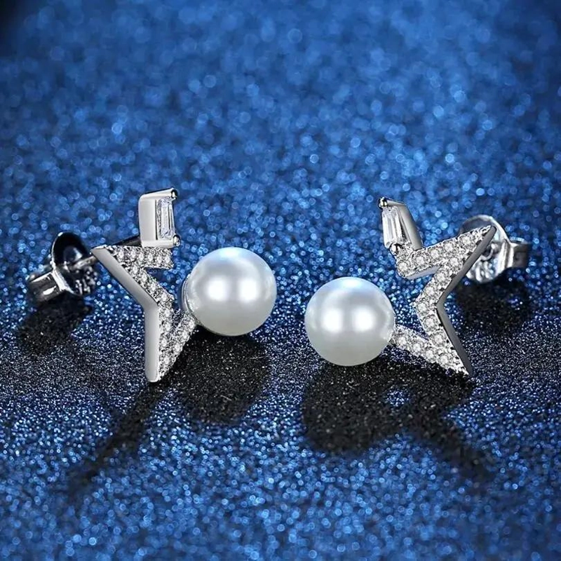 AROS ELEGANTES DE ESTRELLA CON PERLA BLANCA EN PLATA - 3