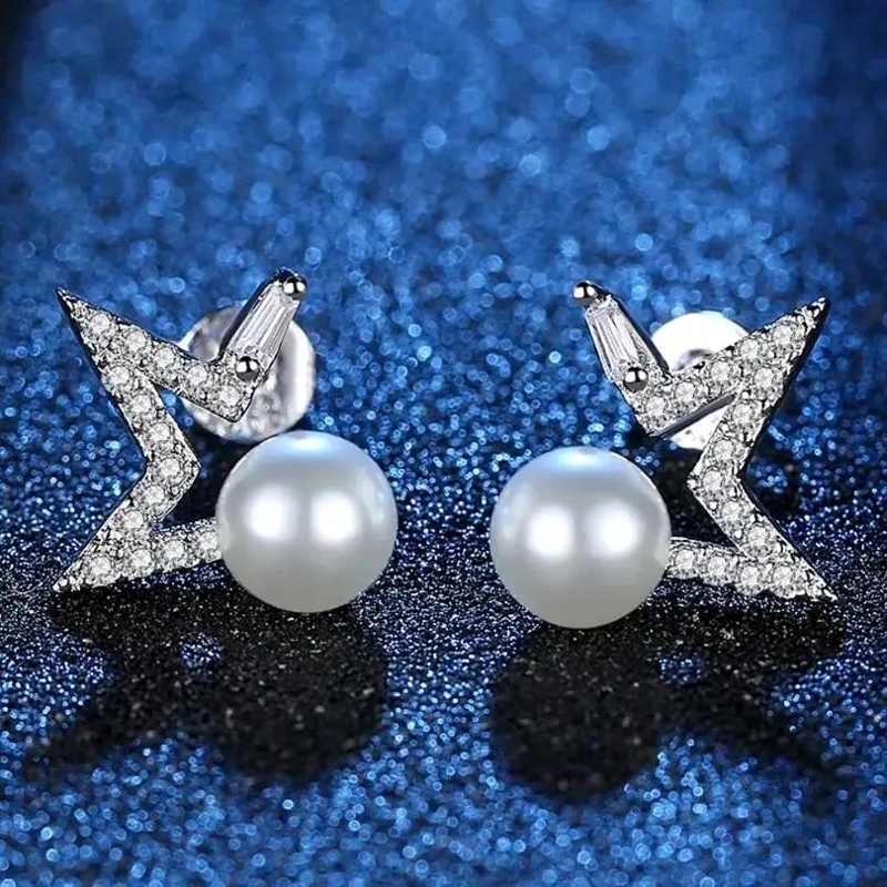 AROS ELEGANTES DE ESTRELLA CON PERLA BLANCA EN PLATA - 4