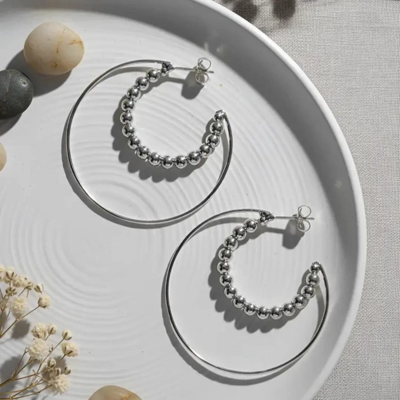 AROS DE PLATA 925 CON DISEÑO DE ESFERAS EN FORMA DE LUNA - 5