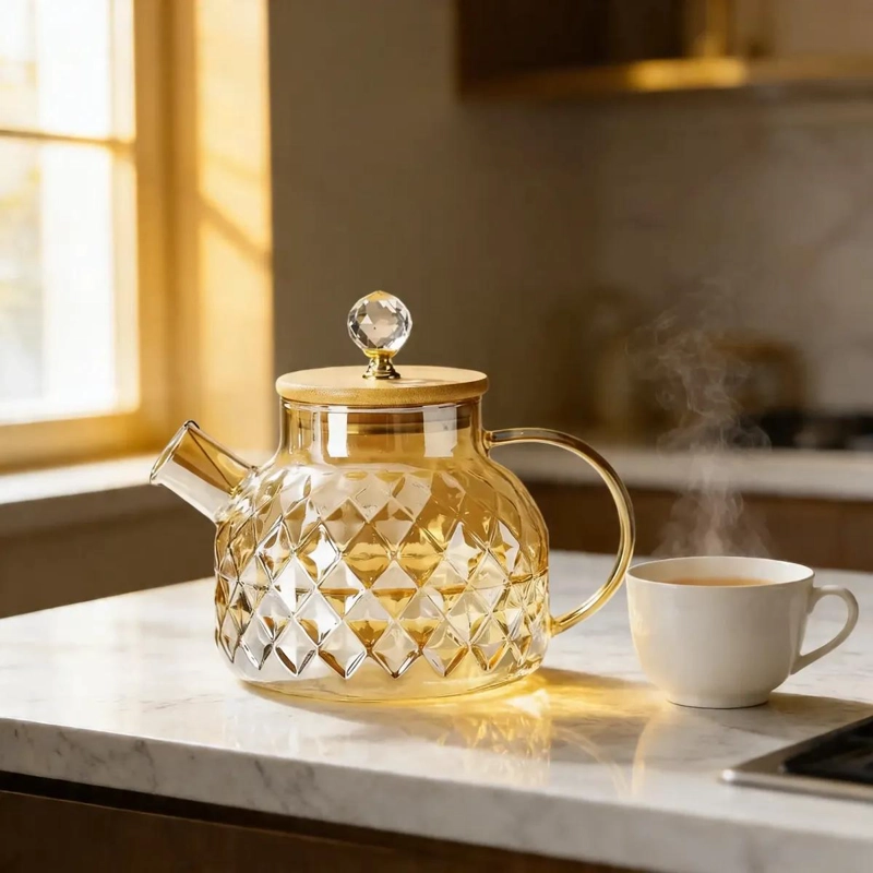 TETERA DE VIDRIO DECORATIVA CON TAPA DE BAMBU 1 LITRO - 6