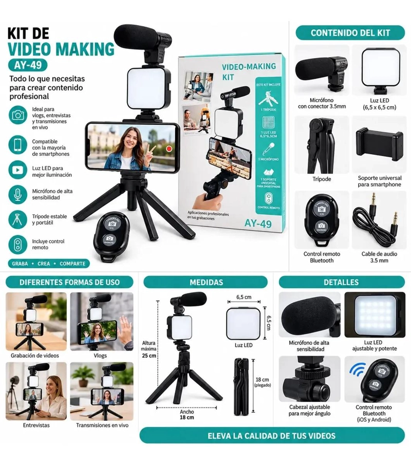 KIT COMPLETO PARA VLOGGING CON MICROFONO Y LUZ LED - 2