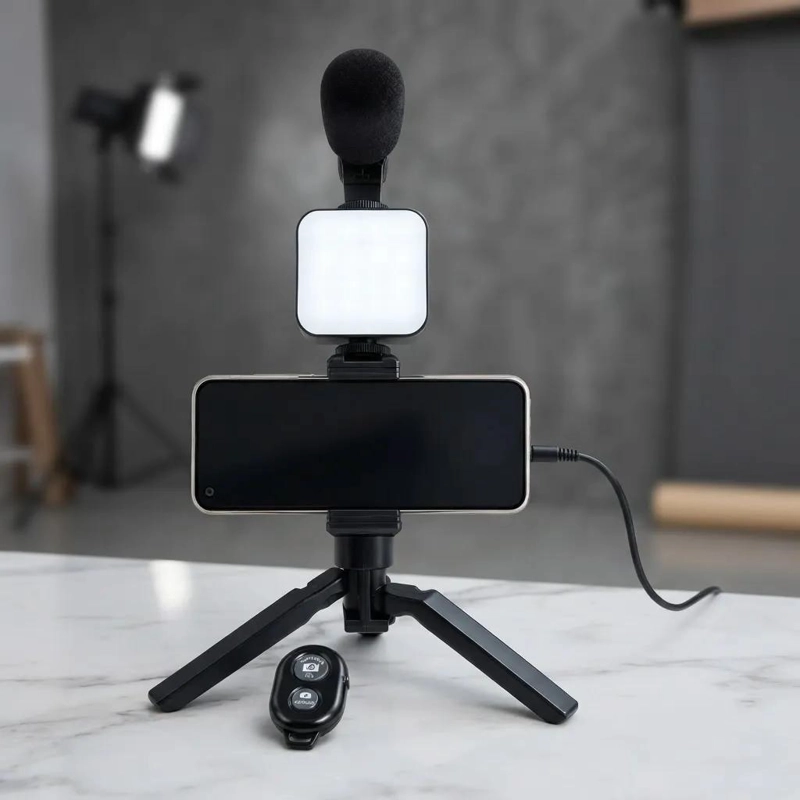 KIT COMPLETO PARA VLOGGING CON MICROFONO Y LUZ LED - 4