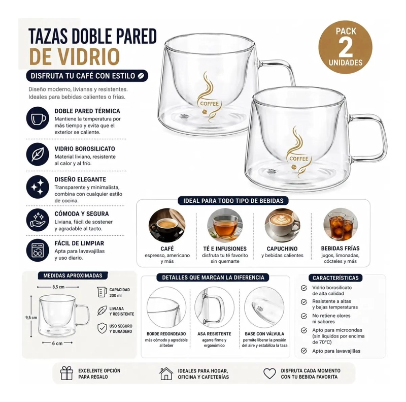 SET DE 2 TAZAS DE VIDRIO DOBLE PARED PARA CAFE  Y TE - 3