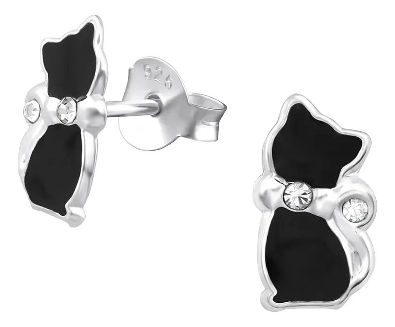 AROS DE PLATA 925 CON DISEÑO DE GATO NEGRO PARA NIÑAS Y MUJERES - 1