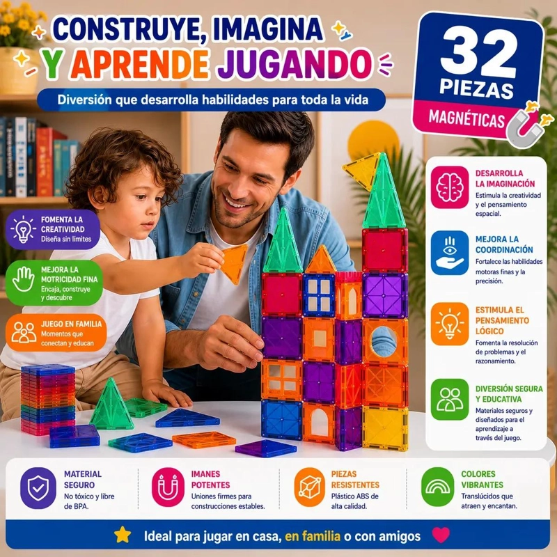 SET DE 32 BLOQUES MAGNE TICOS PARA CONSTRUCCION INFANTIL - 2