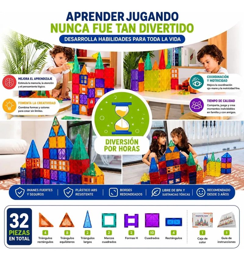 SET DE 32 BLOQUES MAGNE TICOS PARA CONSTRUCCION INFANTIL - 4