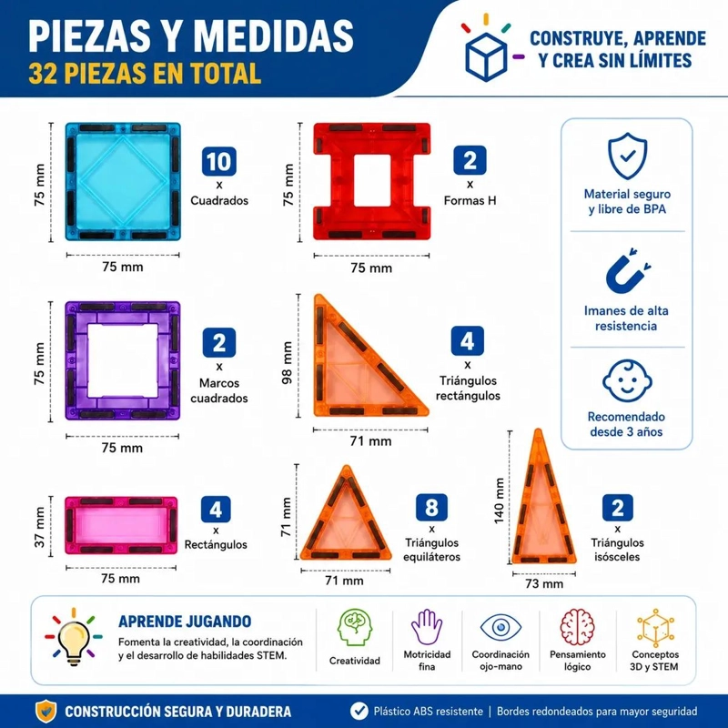 SET DE 32 BLOQUES MAGNE TICOS PARA CONSTRUCCION INFANTIL - 7