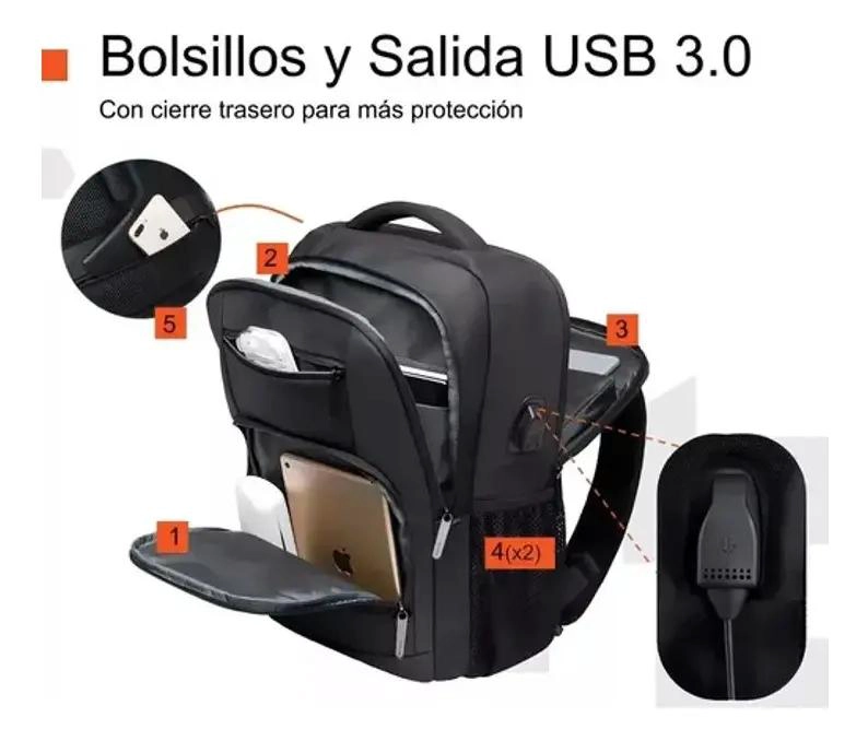 MOCHILA IMPERMEABLE ANTIRROBO CON PUERTO USB Y COMPARTIMENTOS - 4
