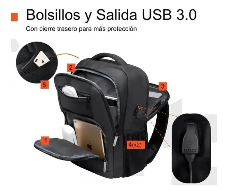 MOCHILA IMPERMEABLE ANTIRROBO CON PUERTO USB Y COMPARTIMENTO - 4