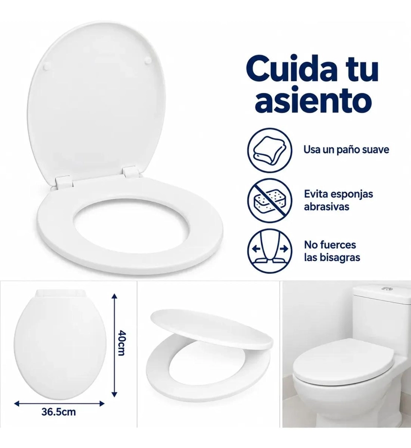 ASIENTO Y TAPA OVALADA PARA INODORO 40CM X 36.5CM COLOR BLANCO - 2