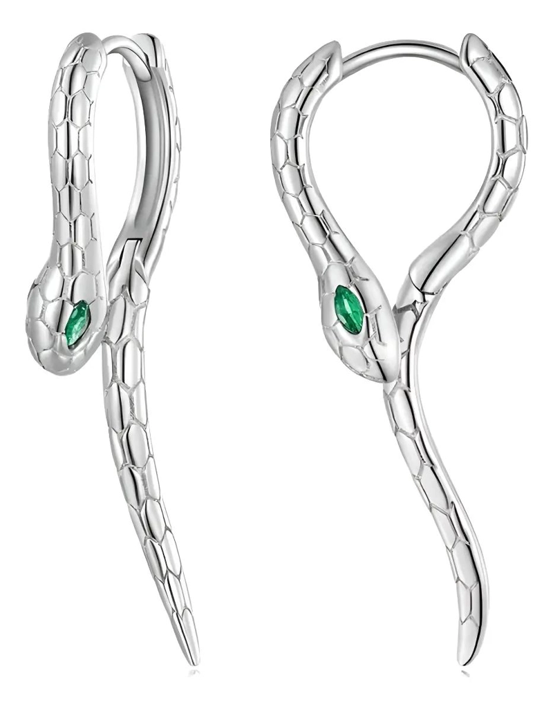 AROS DE PLATA 925 CON DISEÑO DE SERPIENTE Y ZIRCONES VERDES - 1