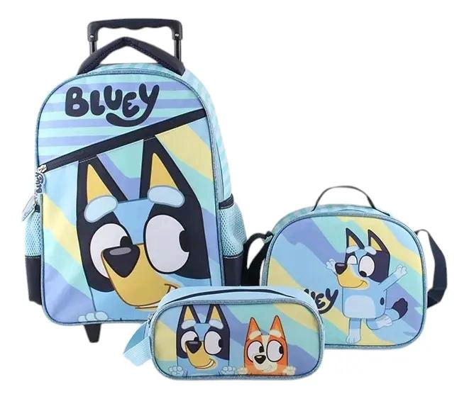 MOCHILA ESCOLAR CON RUEDAS Y SET DE LONCHERA CELESTE - 1