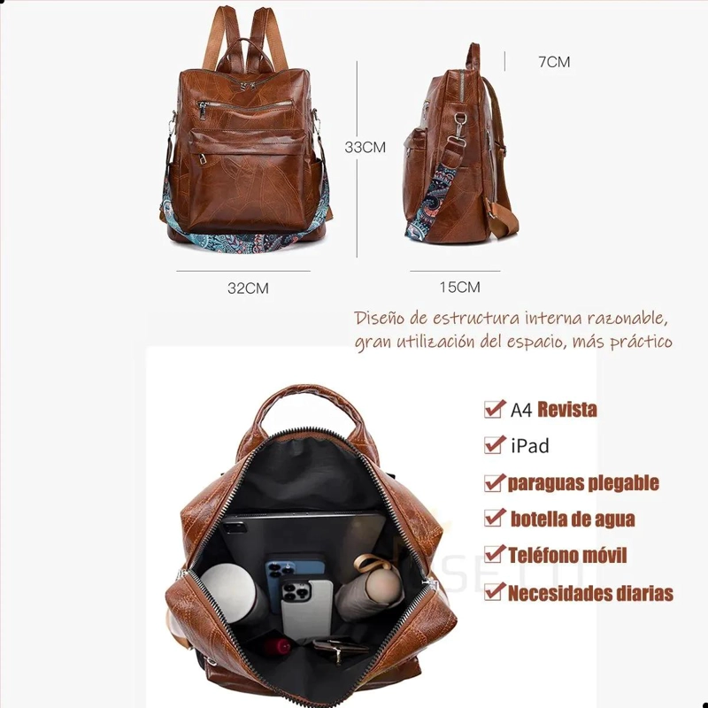 MOCHILA DE CUERO PU IMPERMEABLE PARA MUJER IDEAL PARA VIAJES - 5