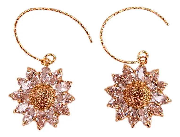 AROS PENDIENTES GIRASOL CON ZIRCONIAS EN ORO 14K - 1