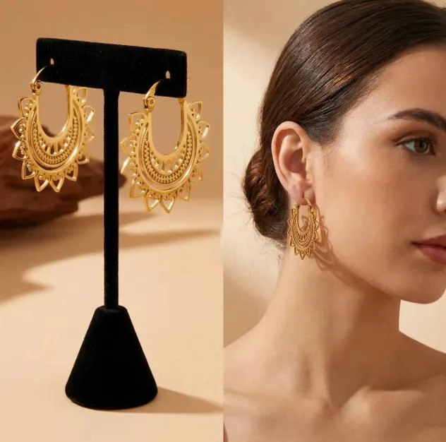 AROS DE ARGOLLA MANDALA EN ACERO INOXIDABLE CON BAÑO DE ORO - 2