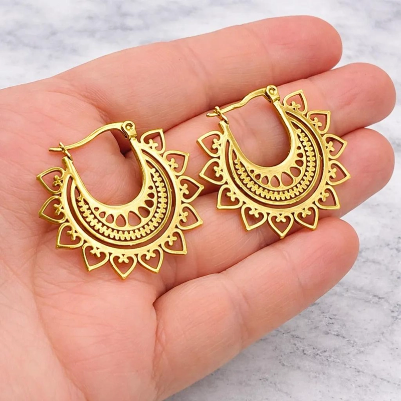 AROS DE ARGOLLA MANDALA EN ACERO INOXIDABLE CON BAÑO DE ORO - 3