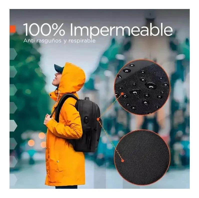 MOCHILA IMPERMEABLE ANTIRROBO CON PUERTO USB Y COMPARTIMENTOS - 5