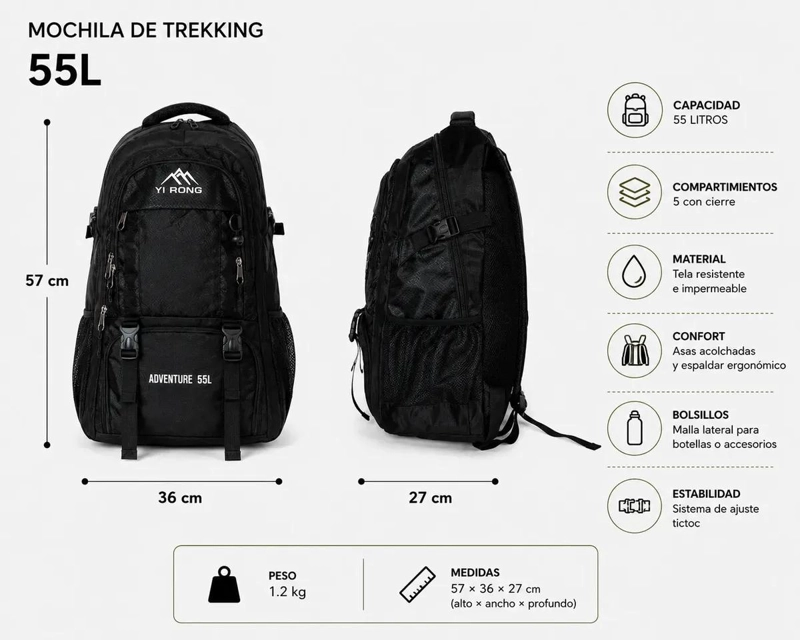 MOCHILA DE TREKKING IMPERMEABLE 55 LITROS PARA CAMPING - 4