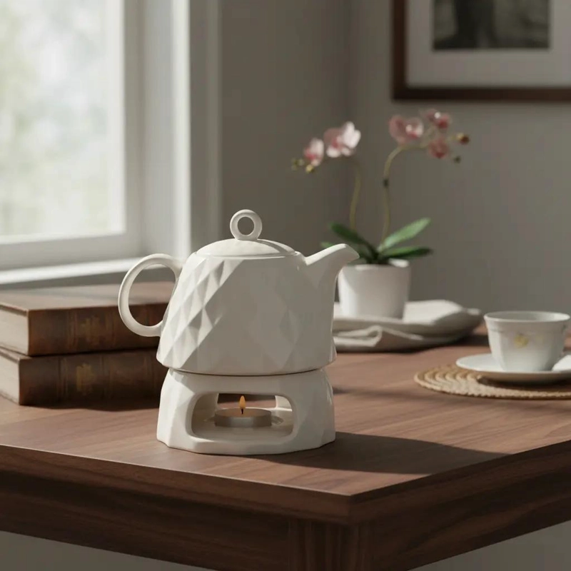 TETERA DE PORCELANA CON BASE PARA CALENTAR TE - 1
