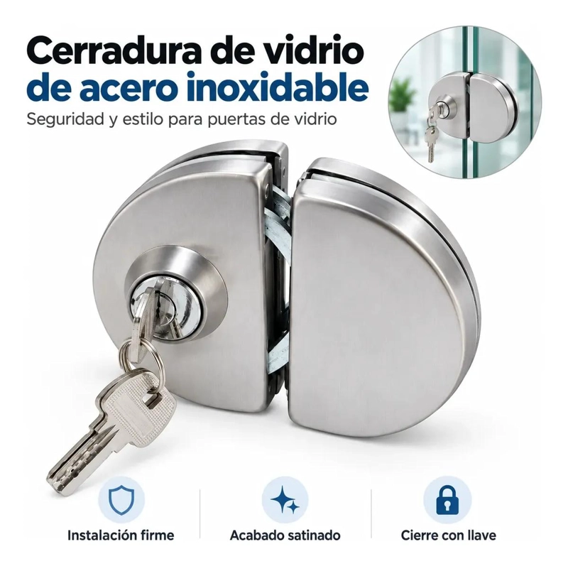 CERRADURA DE ACERO INOXIDABLE PARA PUERTAS DE VIDRIO CON LLAVE - 2