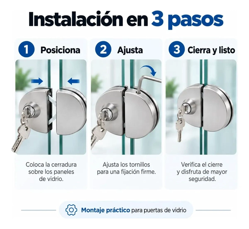 CERRADURA DE ACERO INOXIDABLE PARA PUERTAS DE VIDRIO CON LLAVE - 4