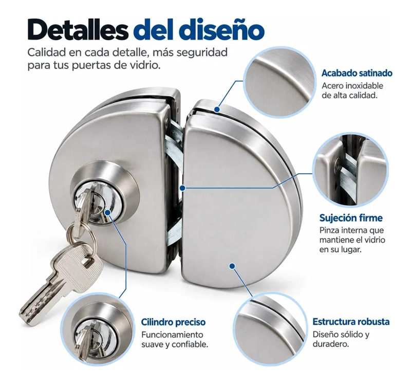 CERRADURA DE ACERO INOXIDABLE PARA PUERTAS DE VIDRIO CON LLAVE - 6