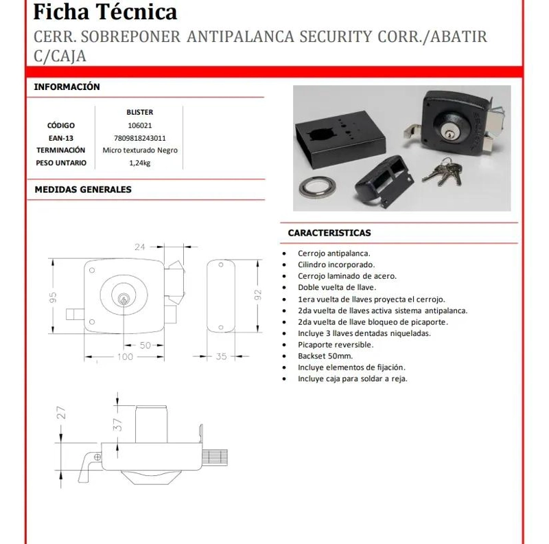 CERRADURA DE SOBREPONER NEGRA CON SISTEMA ANTIPALANCA PARA PUERTAS - 3
