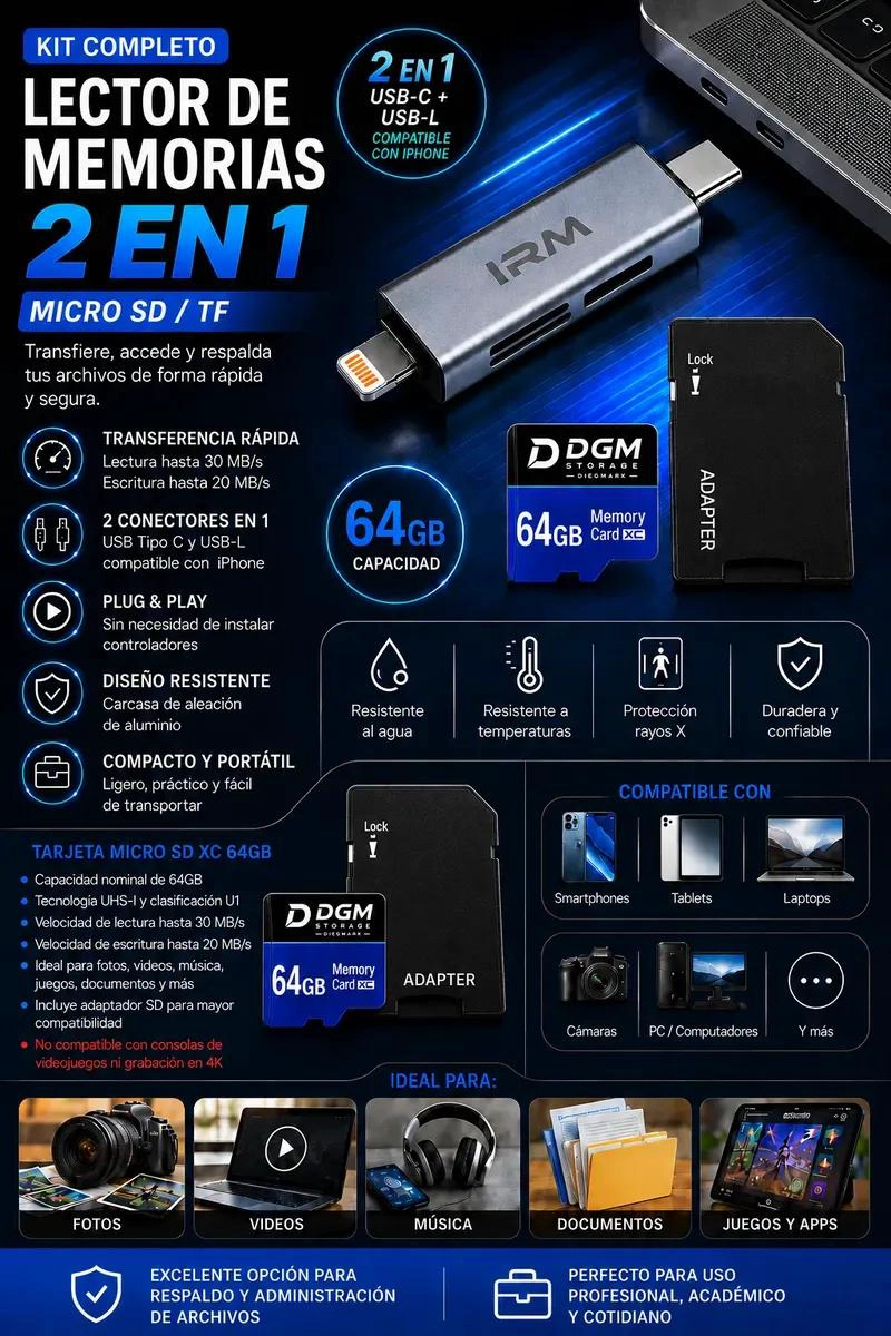 KIT DE MEMORIA MICROSDXC 64GB CON LECTOR USB TIPO C Y SD - 2