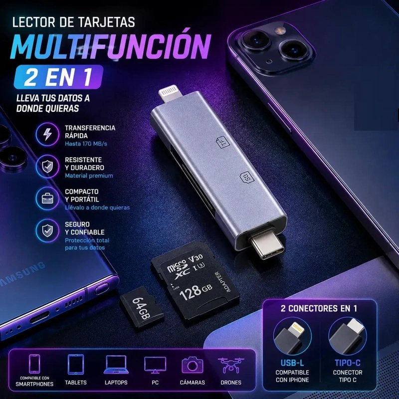 KIT DE MEMORIA MICROSDXC 64GB CON LECTOR USB TIPO C Y SD - 7