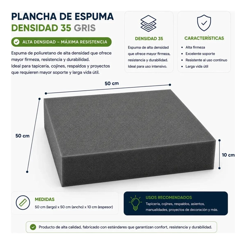 PLANCHA DE ESPUMA GRUESA ALTA DENSIDAD 50X50X10 CM PARA TAPICERIA - 2