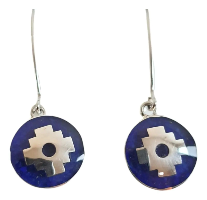 AROS DE PLATA 950 CON LAPISLAZULI MOLIDO DISEÑO CHACANA - 1