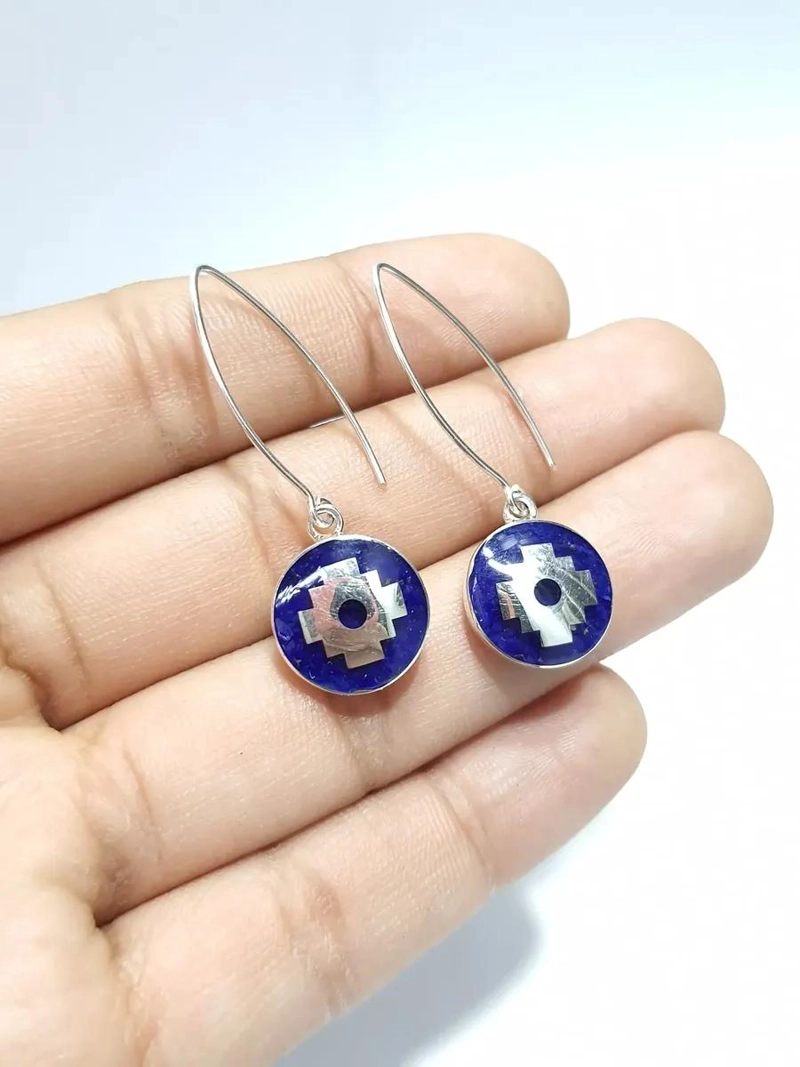 AROS DE PLATA 950 CON LAPISLAZULI MOLIDO DISEÑO CHACANA - 2
