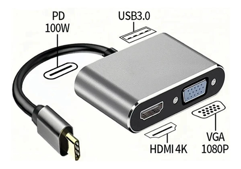ADAPTADOR USB C HUB 4 PUERTOS HDMI 4K VGA TIPO C USB 3.0 - 2