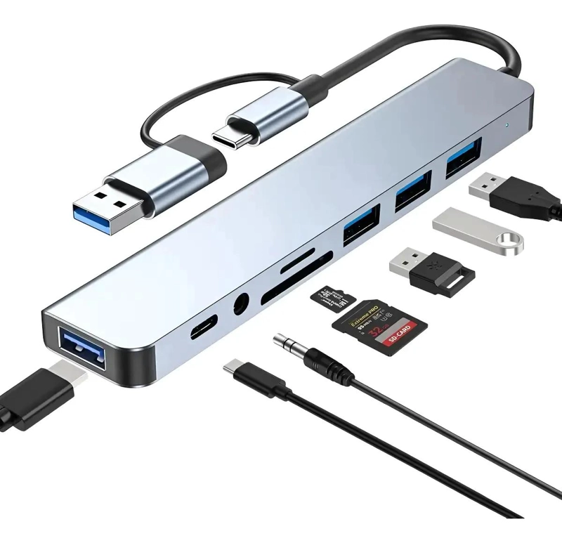 HUB 8 EN 1 USB TIPO C CON PUERTOS DE AUDIO Y SD - 1