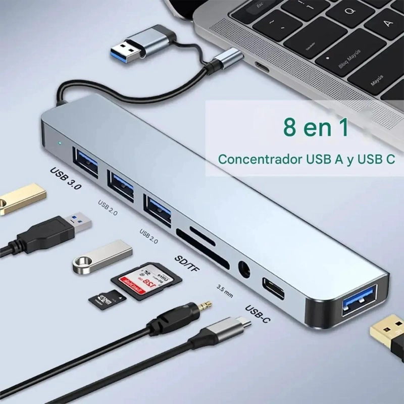 HUB 8 EN 1 USB TIPO C CON PUERTOS DE AUDIO Y SD - 4