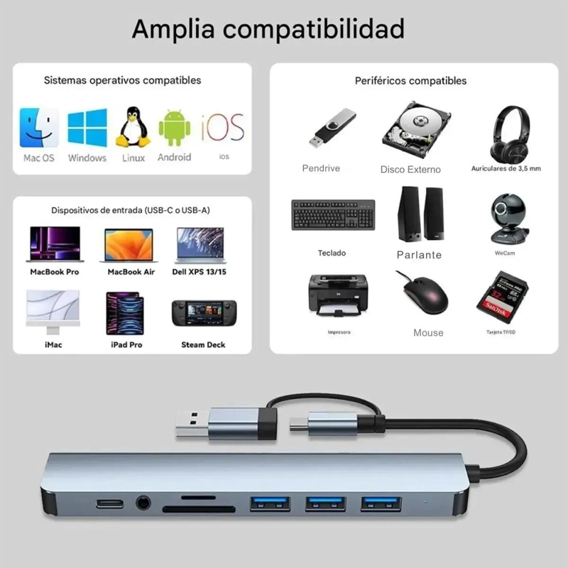 HUB 8 EN 1 USB TIPO C CON PUERTOS DE AUDIO Y SD - 6